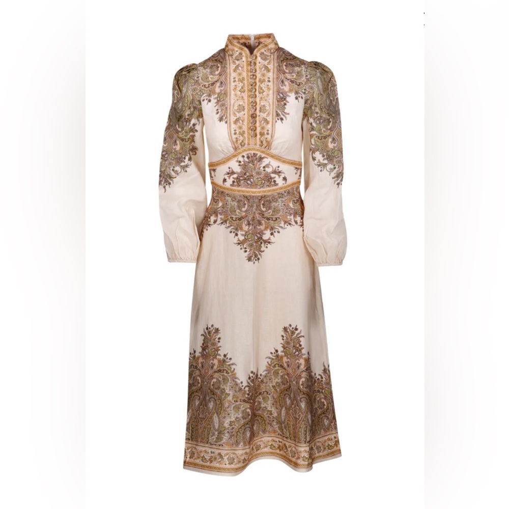 Zimmermann Natura Linen Paisley Buttoned Midi-Dress